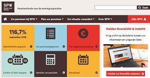 Boven: voorbeeld van de website van SPW met inlogknop en informatie over het fonds en pensioenen voor werknemers en -gevers.